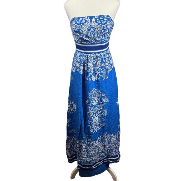 VINEYARD Vines Dress Women 0 Floral Scarf Print Strapless Maxi Dress Boho Formal - Picture 2 of 9